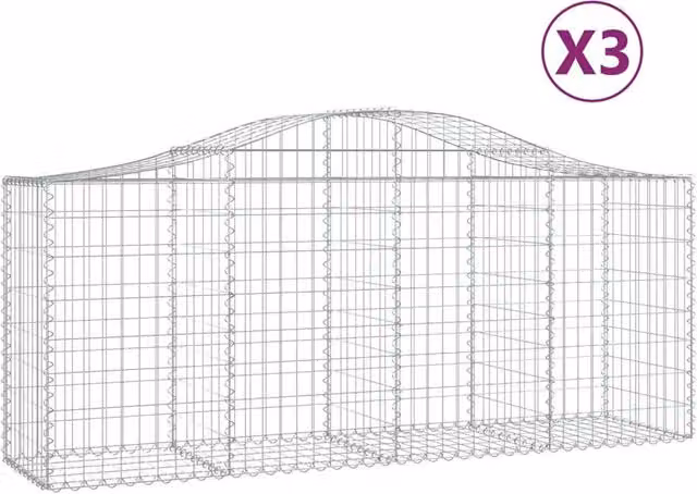 Berkfield Home Arched Gabion Baskets, 3 Piece Set in Silver Galvanised Steel, W: 200 cm, D: 50 cm, H: 80-100 cm