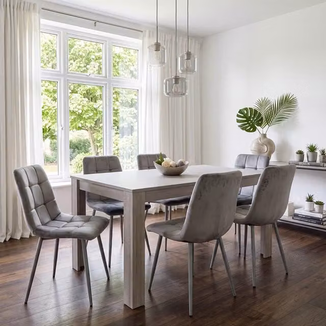 KOSY KOALA Modern Dining Set with Rectangular Brown Wood Table and 6 Grey Velvet Chairs
