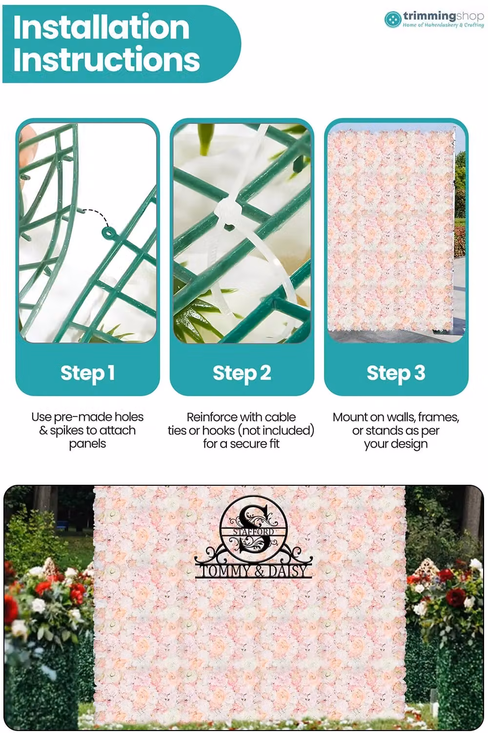 Neel Blue Decorative Artificial Floral Wall Panel in Blue, Orange and Pink for Wedding Photo Backgrounds, W/D/H: 60 x 40 x 40 cm – 1