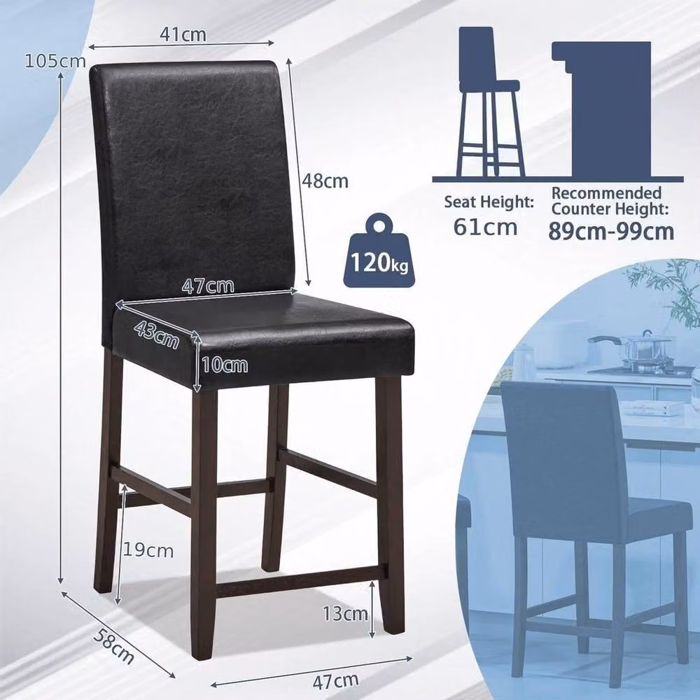 Kelvenix Set of 2 Black PU Upholstered Bar Stools with Rubberwood Legs – 2