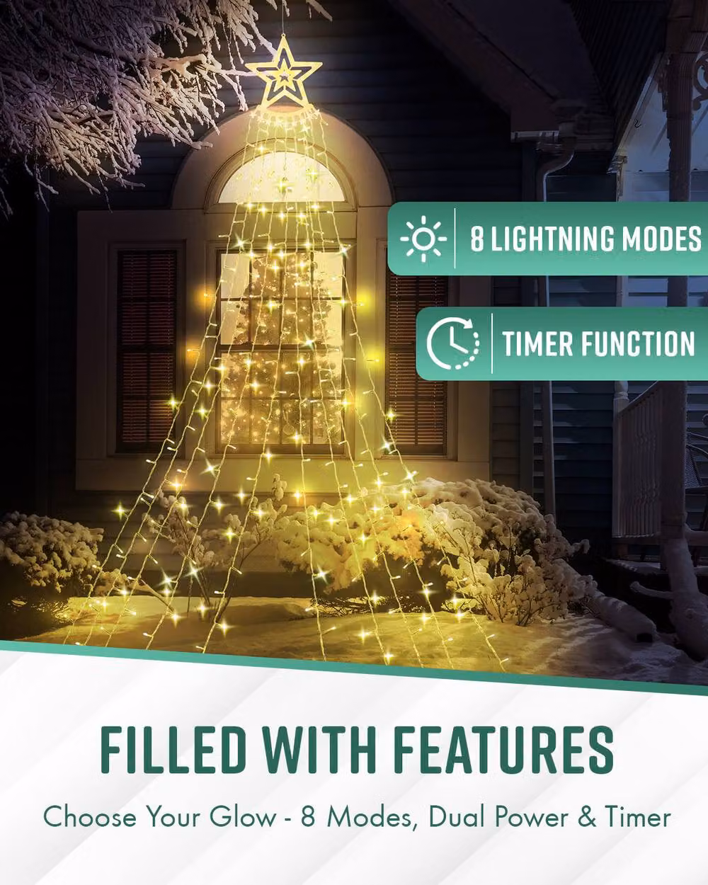 Globrite Warm White LED Curtain Star Fairy Lights, Waterproof Outdoor Waterfall Lights with 350 LEDs – 4