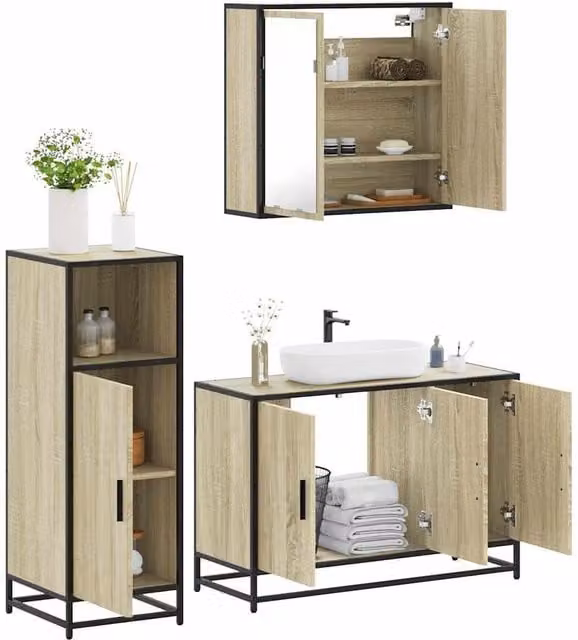 Berkfield Home 3 Piece Industrial Bathroom Furniture Set in Sonoma Oak Brown, including Vanity Unit, Mirror Cabinet and Wall Cabinet