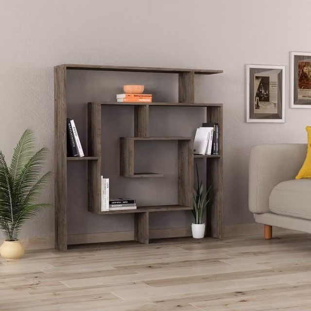 FWStyle Modern Maze Inspired Geometric Bookcase Room Divider Shelving Unit in Dark Coffee