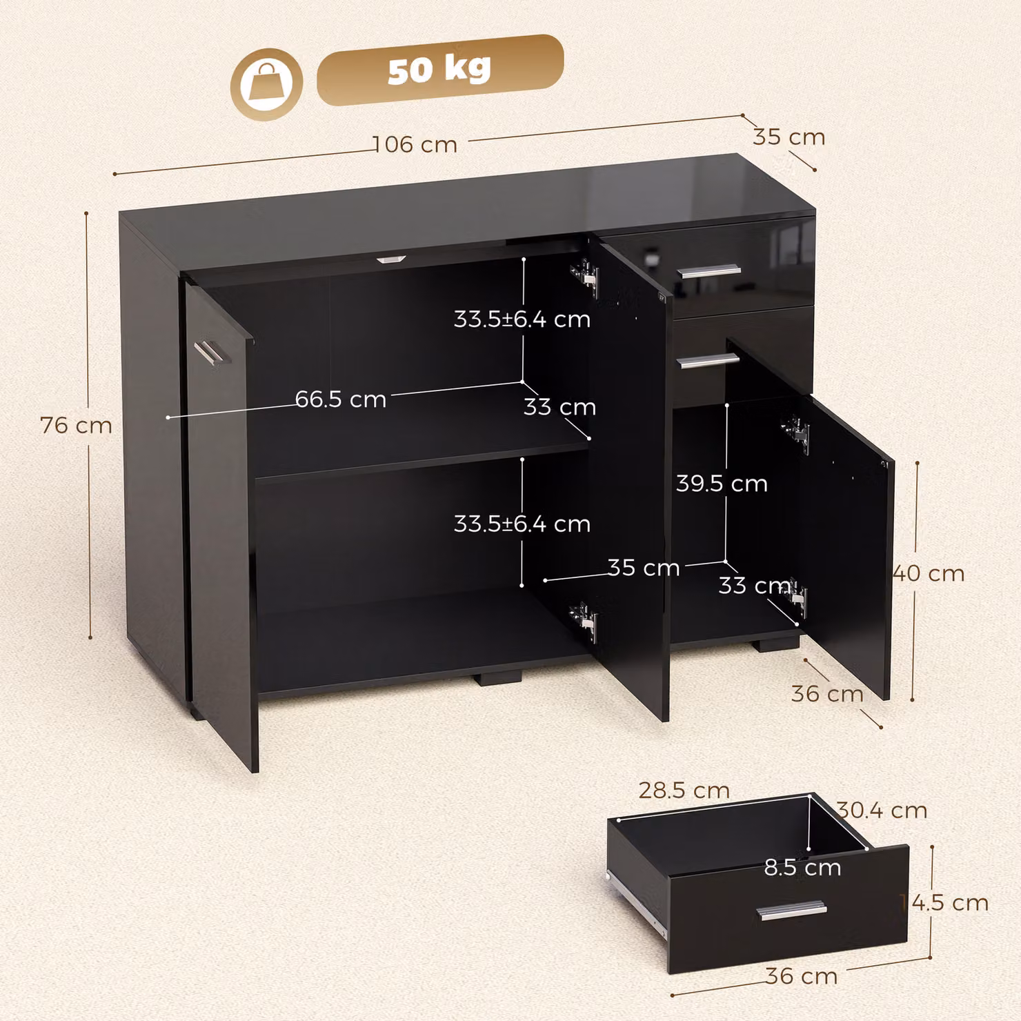 HOMCOM Modern High Gloss Black Sideboard with 2 Drawers, 3 Doors and Adjustable Shelves – 3