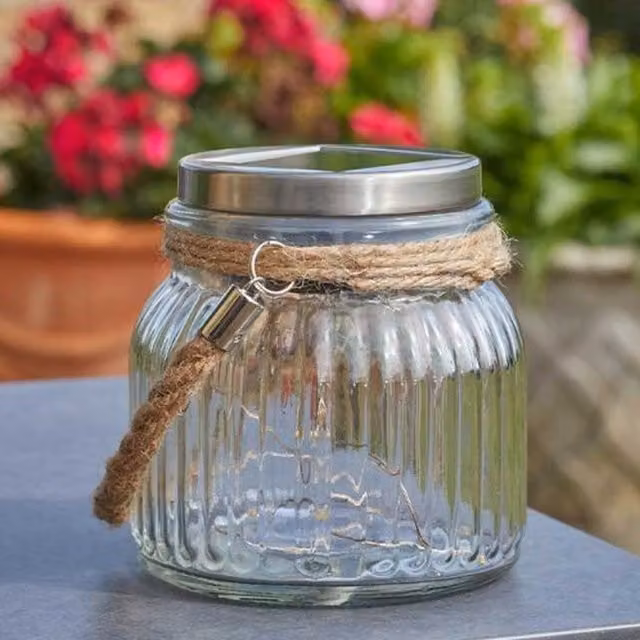 Garden Mile Firefly Solar Glass Jar Lantern in Silver and Brown