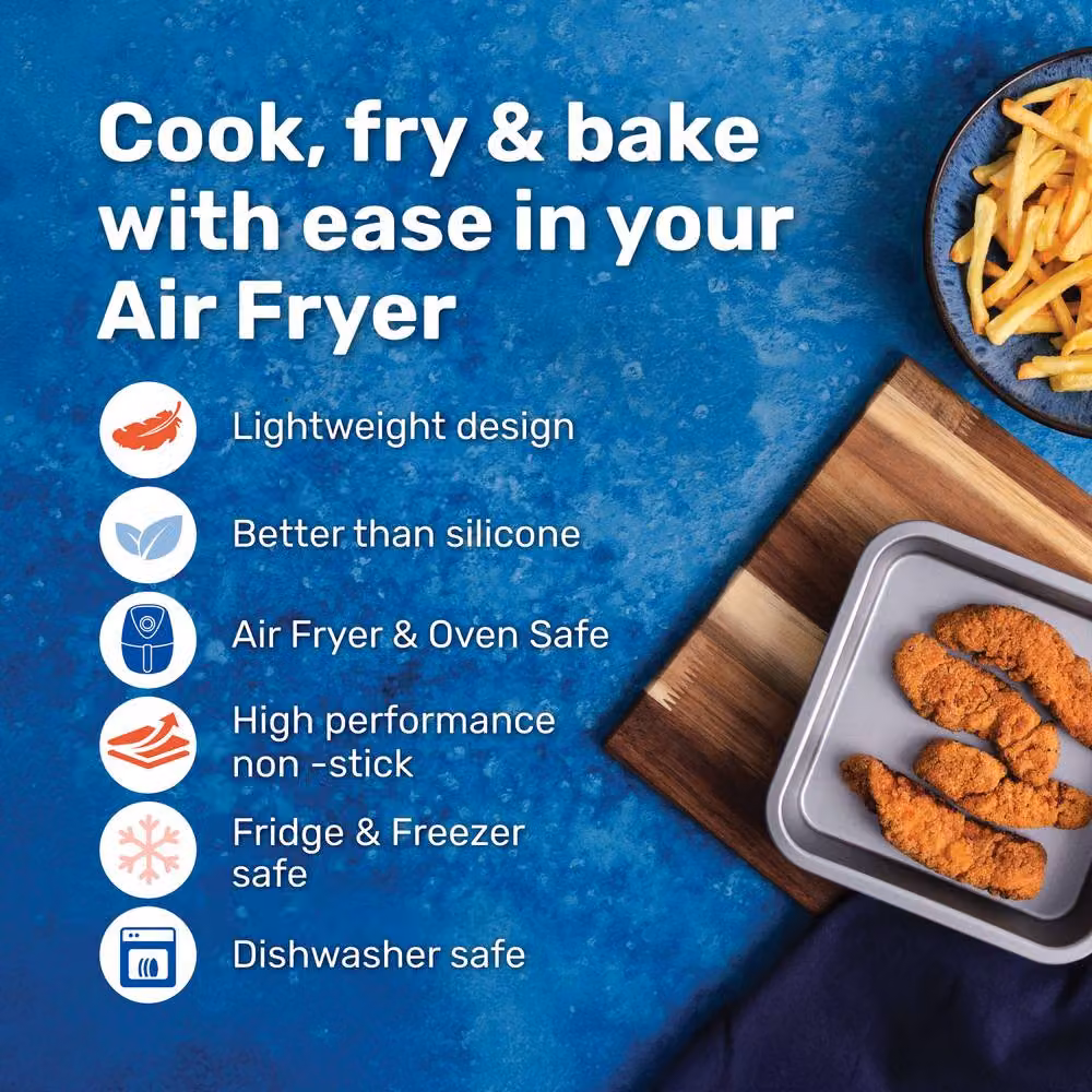 Betterware Non-Stick Square Air Fryer Cake Tin Set of 2, Silver and Grey, Carbon Steel, W: 15 cm x D: 15 cm x H: 3.5 cm – 2