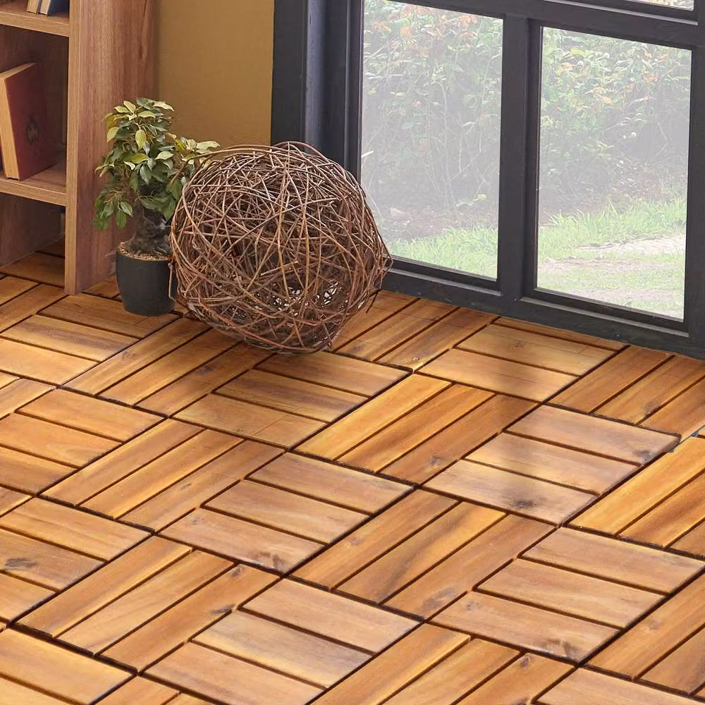 Costway Acacia Wood Interlocking Patio Deck Tiles, 27 Pieces, Brown – 2