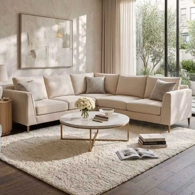 Stratus Interiors Elaine Left Facing L-Shape Corner Sofa in Beige Velvet – 1