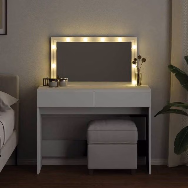 Berkfield Home Beautiful Modern White LED Dressing Table with Glass Top W/D/H: 100 x 40 x 120 cm – 1