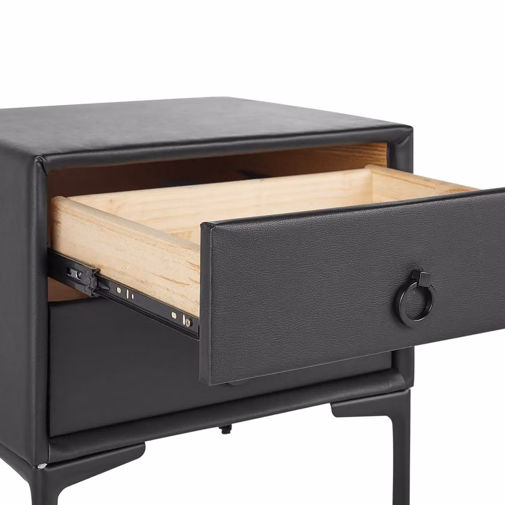 Wyld and Coco Black PU Leather Two Drawer Bedside Table, W: 44 cm, D: 38 cm, H: 44 cm – 4