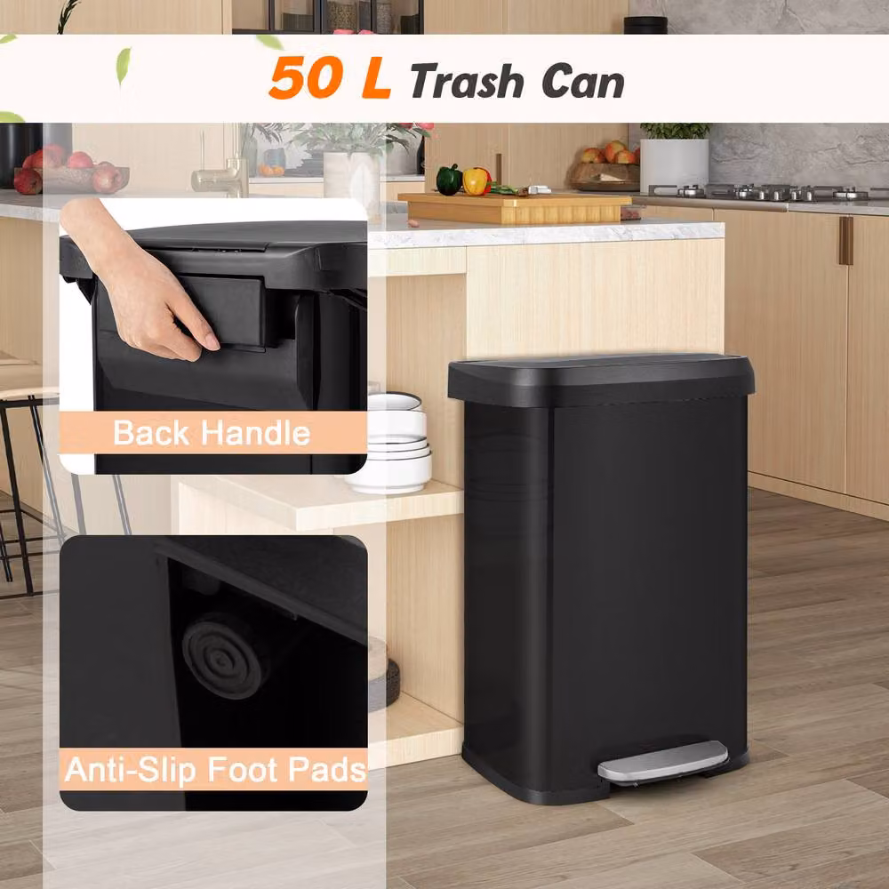 Costway 50L Stainless Steel Step Trash Can with Soft Close Lid and Odour Filter, Black – 8