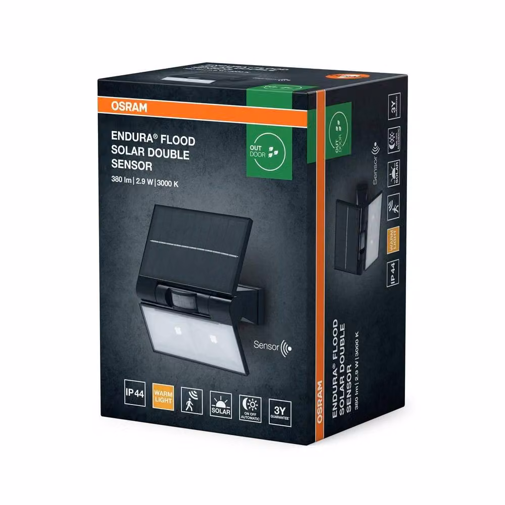 Osram Endura Solar LED Outdoor Floodlight with Motion and Dusk Sensor, 380lm, IP44, Black or Grey – 3