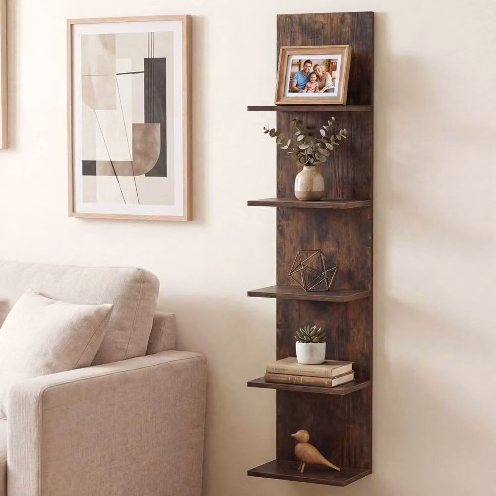KORVIXA Brown Industrial Vertical Floating Wall Shelf Unit with Back Panel – 3