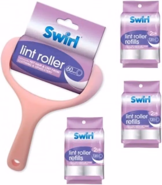 Swirl Sticky Lint Roller and Refills for Clothes and Pet Hair, Pink