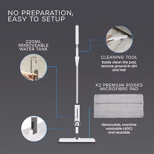 Swan Elevate 2-in-1 Microfibre Spray Mop for Floor Cleaning in White with Refillable Bottle, 2 Reusable Pads and Scraper Tool – 4