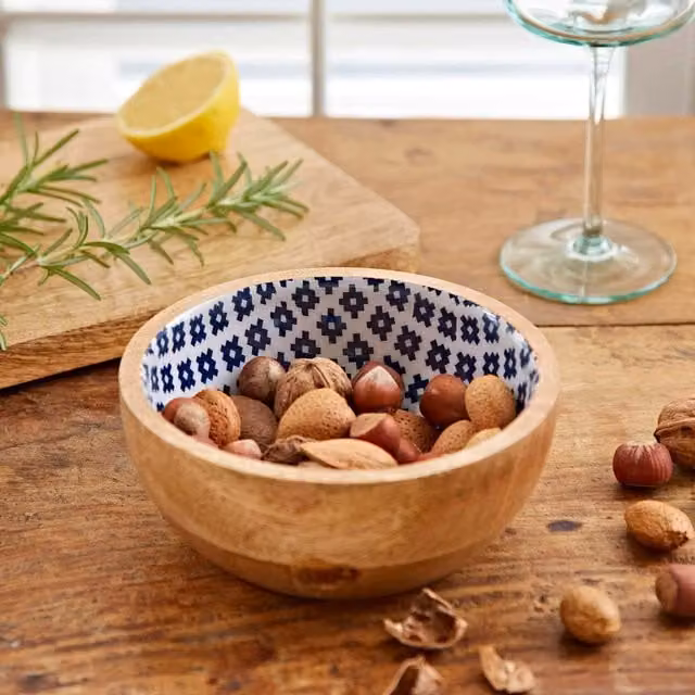 Paper High Blue Patterned Mango Wood Serving Bowl