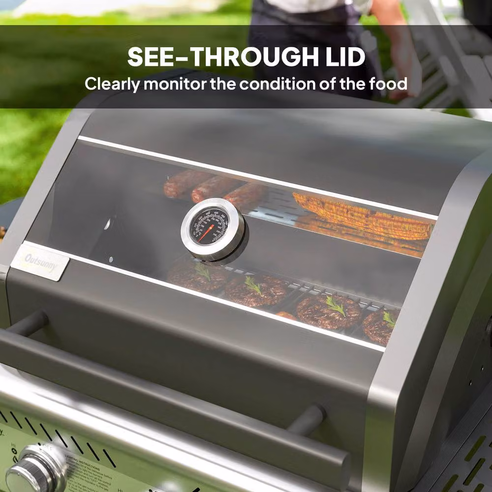 Rolipo 7.5kW Three Burner Gas BBQ Grill with See-Through Lid and Thermometer, Black – 7