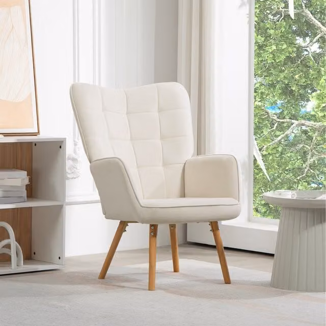 HOMCOM Wingback Armchair in Cream Velvet-touch Polyester Fabric with Wood Legs