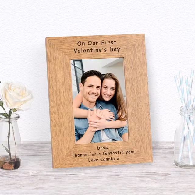 Uniqueful Personalised Our First Valentine's Day Wood Photo Frame in Brown, W/H: 15.24 x 10.16 cm