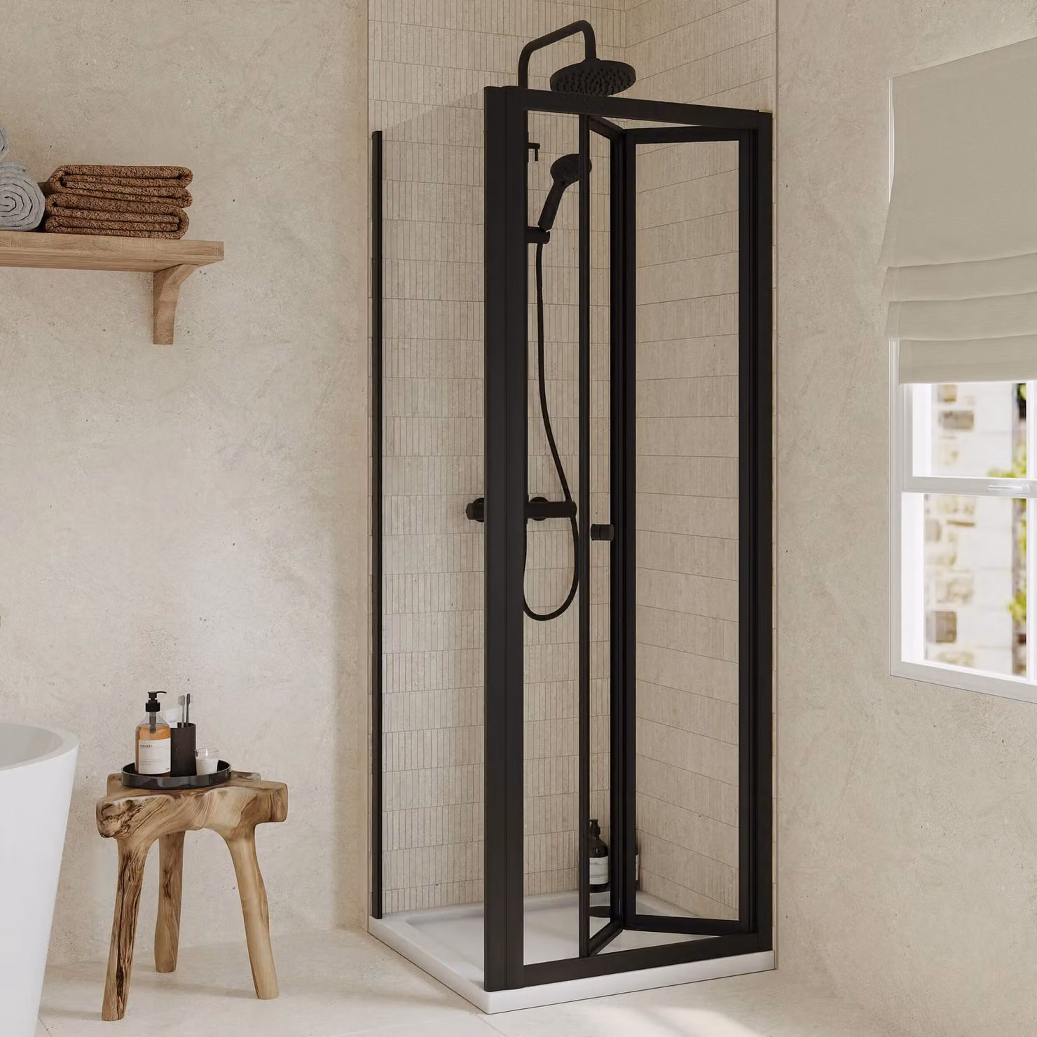 Balterley Ruwa Square Corner Shower Set with Bi-Fold Door, Side Panel and Tray, Black, W/D: 700 x 700 mm