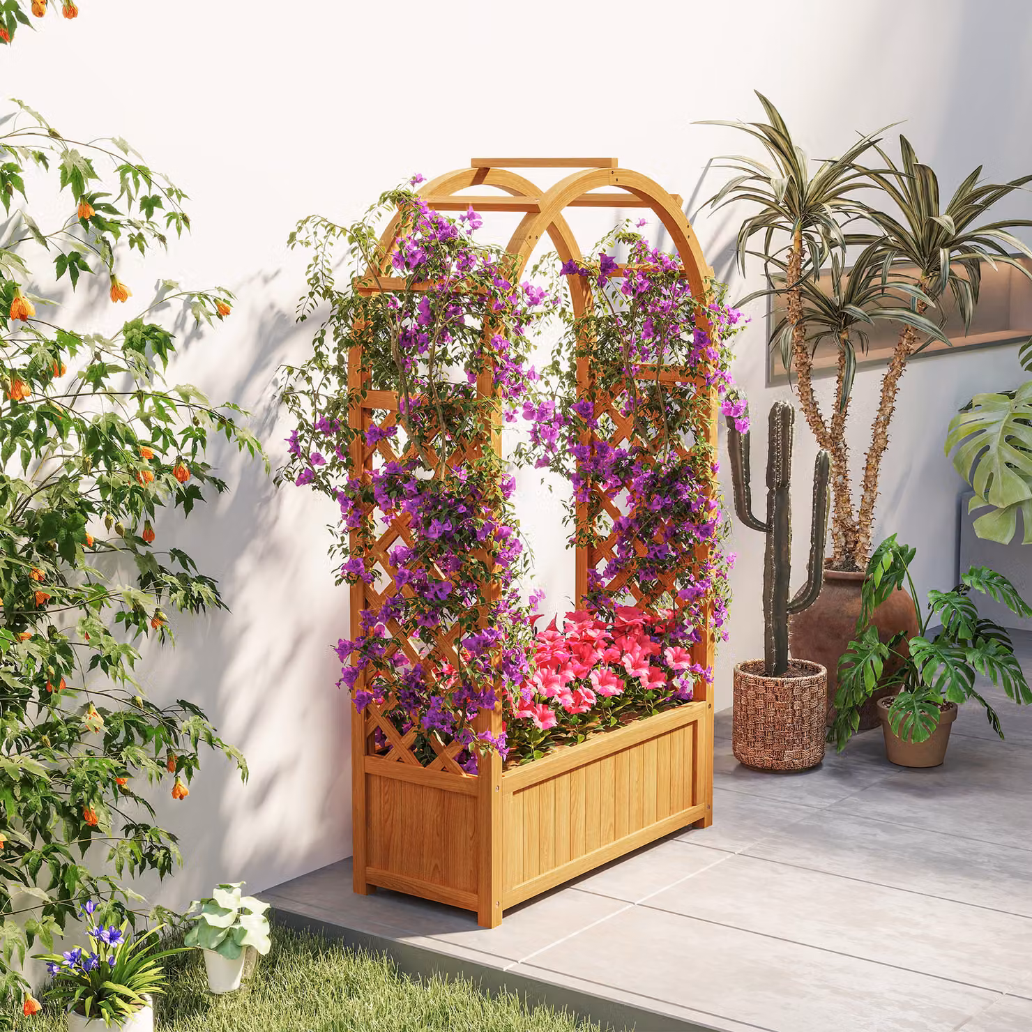 Outsunny Brown Wooden Raised Garden Bed with Trellis and Liner for Climbing Plants, H 145 x W 83 x D 36 cm – 8