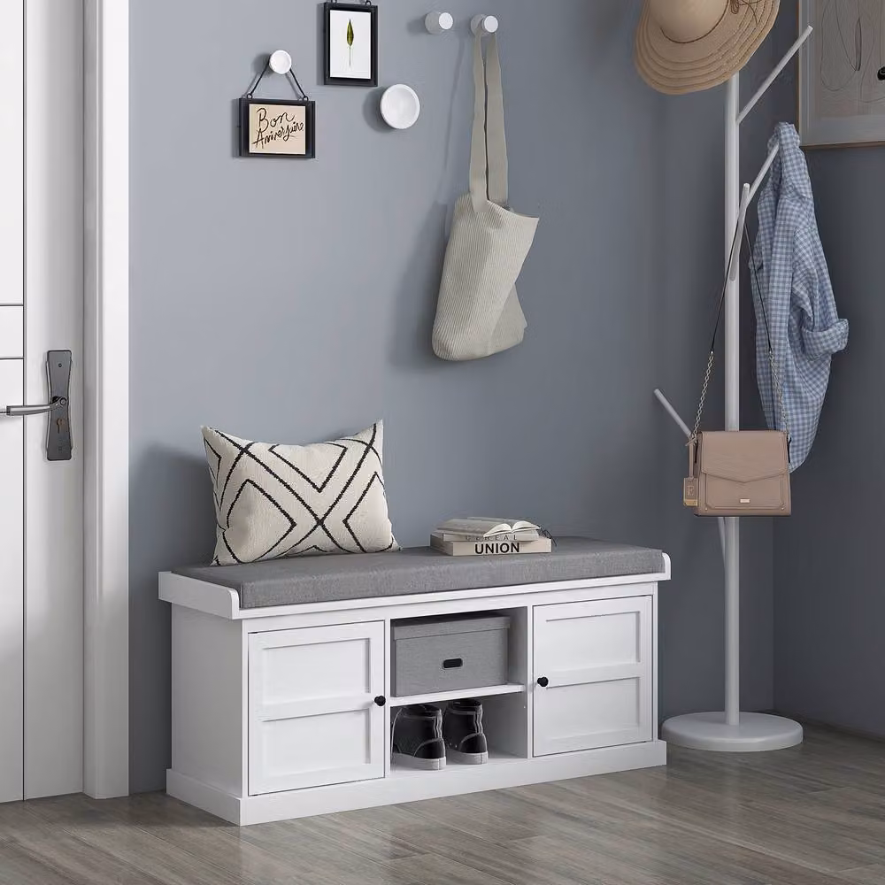ERGOVEXA White Shoe Storage Bench with Grey Fabric Cushion Seat and Adjustable Shelves – 2