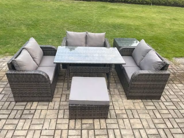 Fimous Wicker PE Rattan Outdoor Garden Furniture Set with Rectangular Dining Table, Big Footstool and Side Table in Dark Grey Mixed