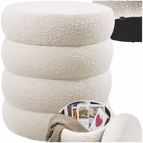 tectake Scandinavian Style Storage Ottoman with Soft Bouclé Cover and Padded Seat, Beige/White, W/D/H: 47 x 47 x 42 cm – 1