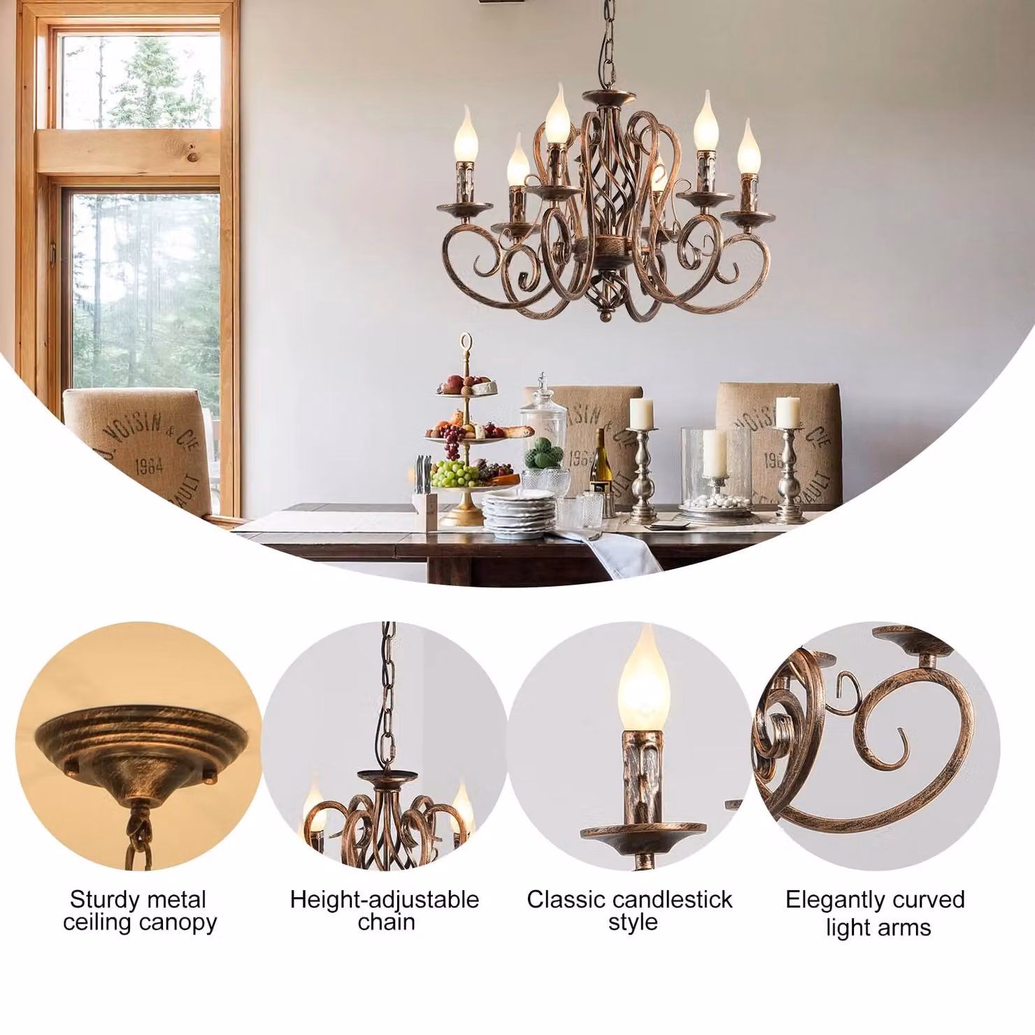 Garwarm 6-Light French Country Wrought Iron Chandelier in Gold/Brass – 4