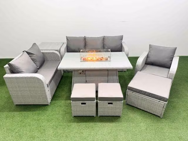 Fimous Patio 9 Seater Grey PE Wicker Rattan Outdoor Furniture Set with Firepit Dining Table, Reclining Chairs, Loveseat, 3 Seater Sofa and Stool