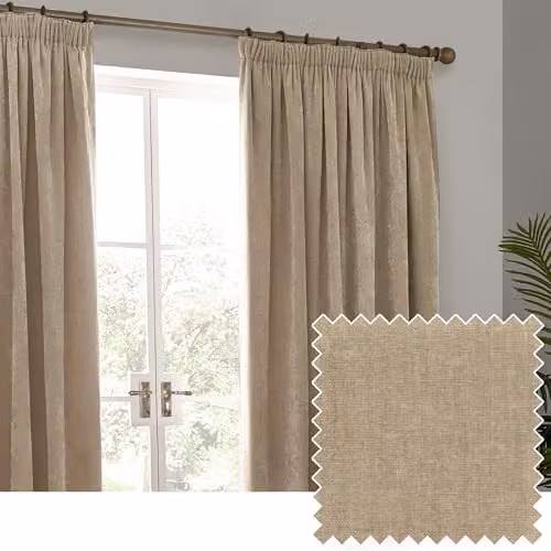 Riva Home Heavy Chenille Velvet Pencil Pleat Curtain Pair in Beige Sand, W: 117 cm, H: 137 cm
