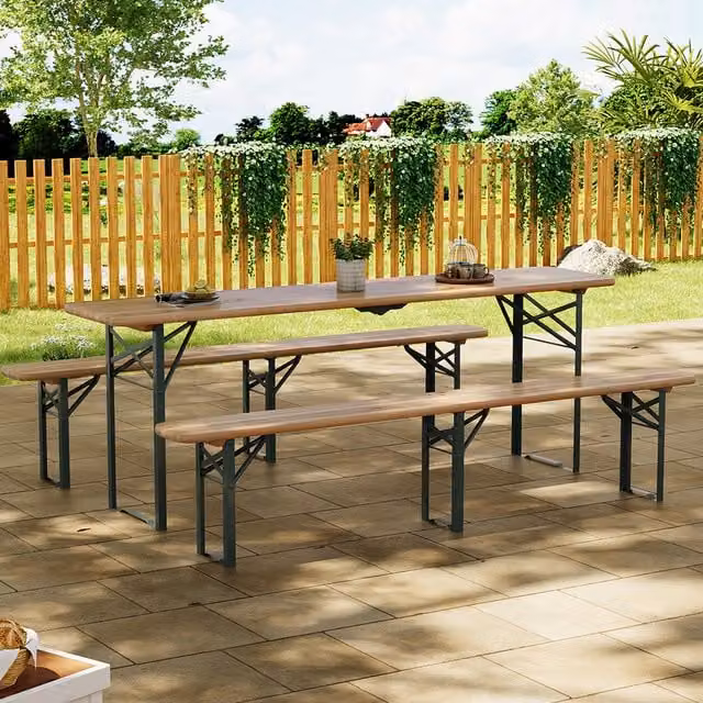 Livingandhome Retro Outdoor Wooden Foldable Table and Bench Set in Brown and Green