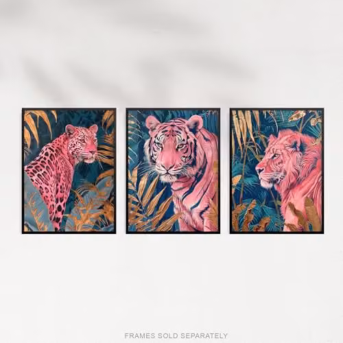 Artery8 Set of 3 Jungle Animal Wall Art Paper Poster Prints in Pink, Gold and Petrol – 4