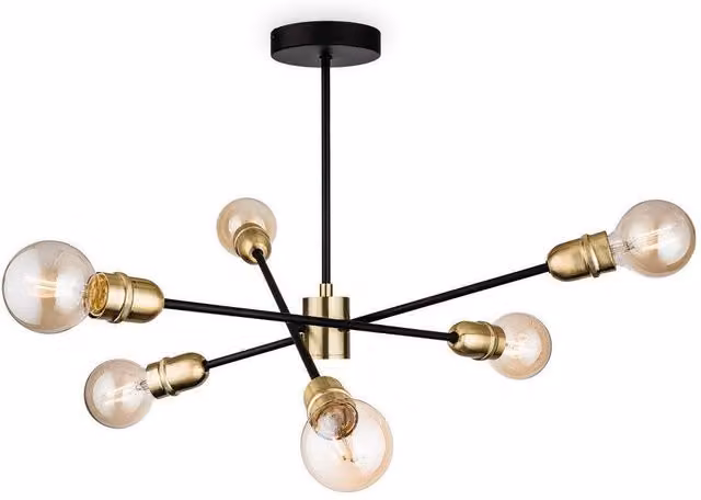 Netlighting Trident 6 Light Multi Arm Semi Flush Ceiling Light in Black and Brushed Brass with E27 Socket