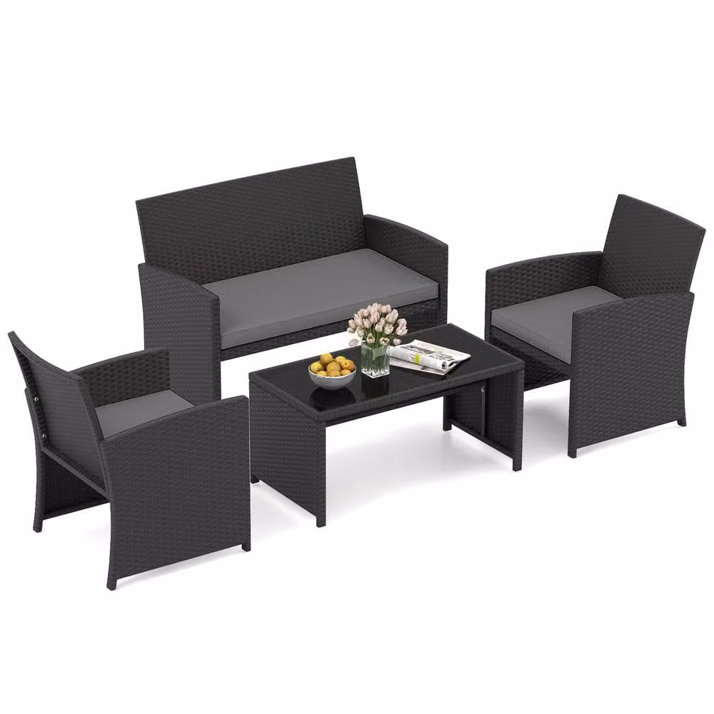 Costway 4-Piece Grey Polyrattan Patio Conversation Set with Upholstered Cushions and Coffee Table – 3