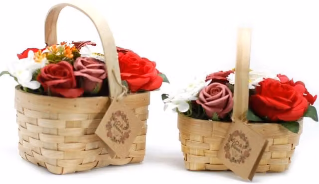 KDMK Large Mixed Floral Bouquet with Roses, Hyacinths and Sunflowers in a Red Rattan Wicker Basket