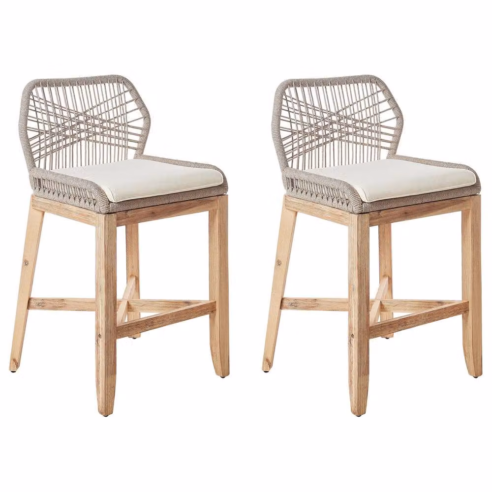 Wyld and Coco Set of 2 Boho Acacia Wood and Iron Outdoor Bar Stools in Light Brown and Beige – 2