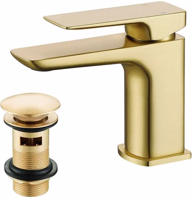 Nes Home Modern Single Lever Square Basin Mono Mixer Tap with Pop Up Waste in Brushed Brass Gold