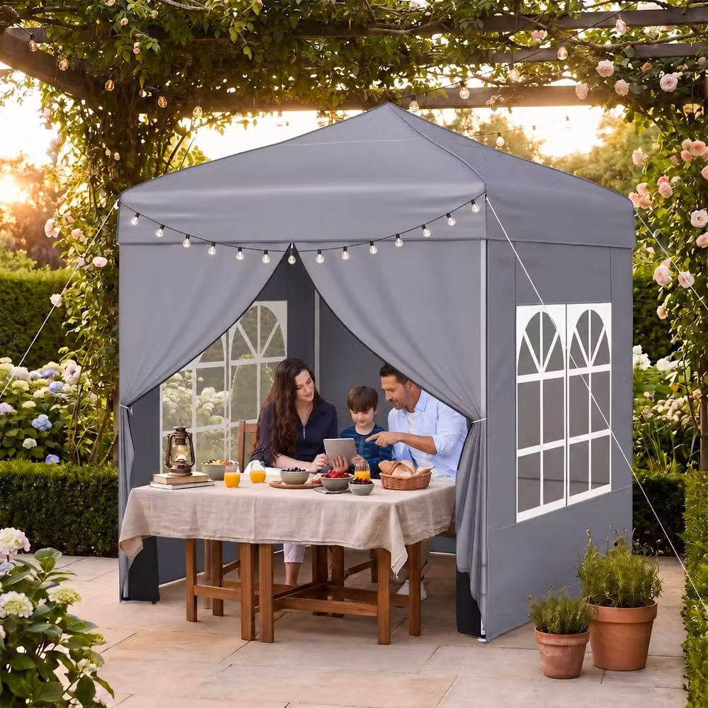 Gymax Grey Pop Up Camping Tent Sunshade Shelter with 4 Sidewalls and Windows, W/D/H: 194 x 194 x 236 cm – 3