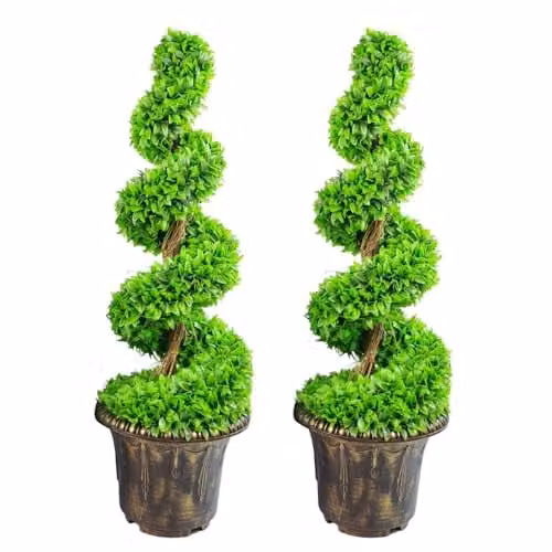 Leaf Pair of Green Artificial Spiral Topiary Trees with Planters, Height: 90 cm – 1
