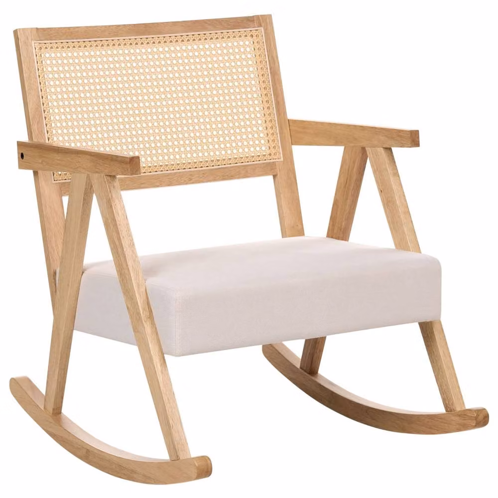 Wyld and Coco Vienna Rocking Armchair with Beige Fabric and Light Brown Rubberwood Frame – 2