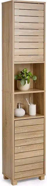 VonHaus Chester Freestanding Oak Wood Effect Tall Bathroom Cabinet in Natural, H 165.0 cm x W 34.0 cm x D 23.0 cm – 1