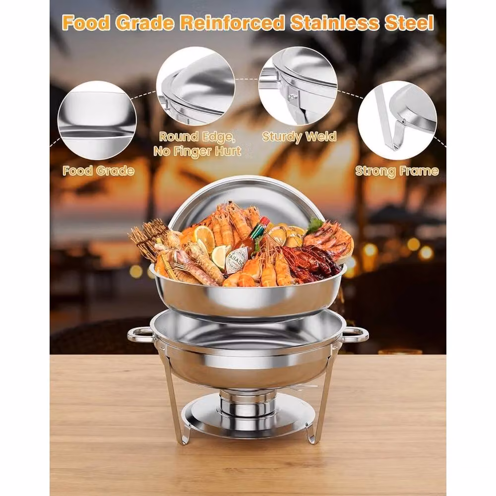 VOGREX 4 Piece Round Stainless Steel Chafing Dish Buffet Set in Silver, 5L per Dish – 3