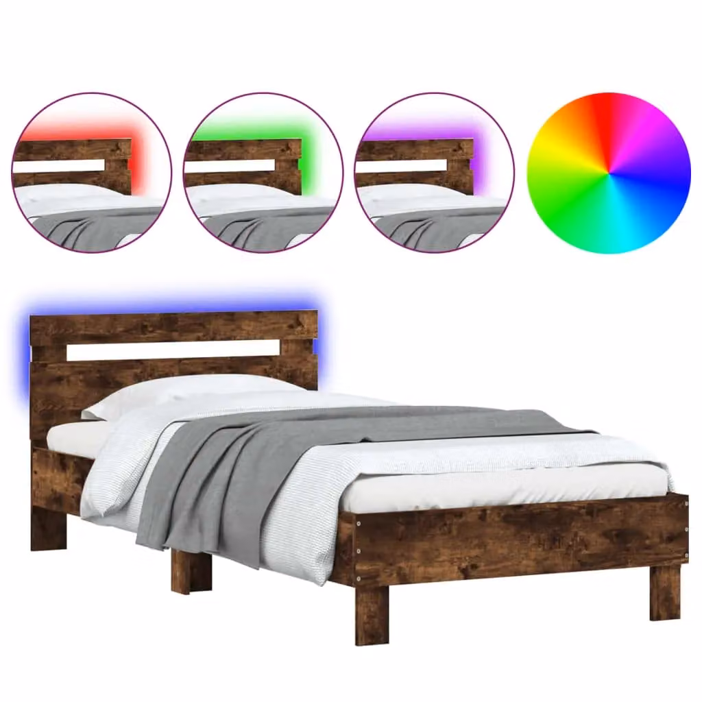 Berkfield Home Modern Bed Frame with LED Lights and USB Charging Port in Smoked Oak Brown, W/D/H: 100 x 200 cm – 2