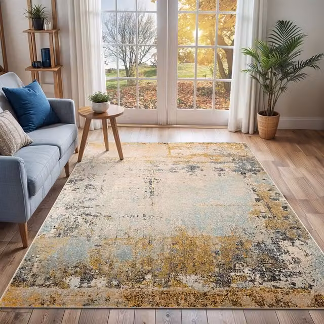 Livabliss City Abstract Modern Marble Rug in Yellow, Grey and Blue, W/D/H: 80 x 220 cm – 1