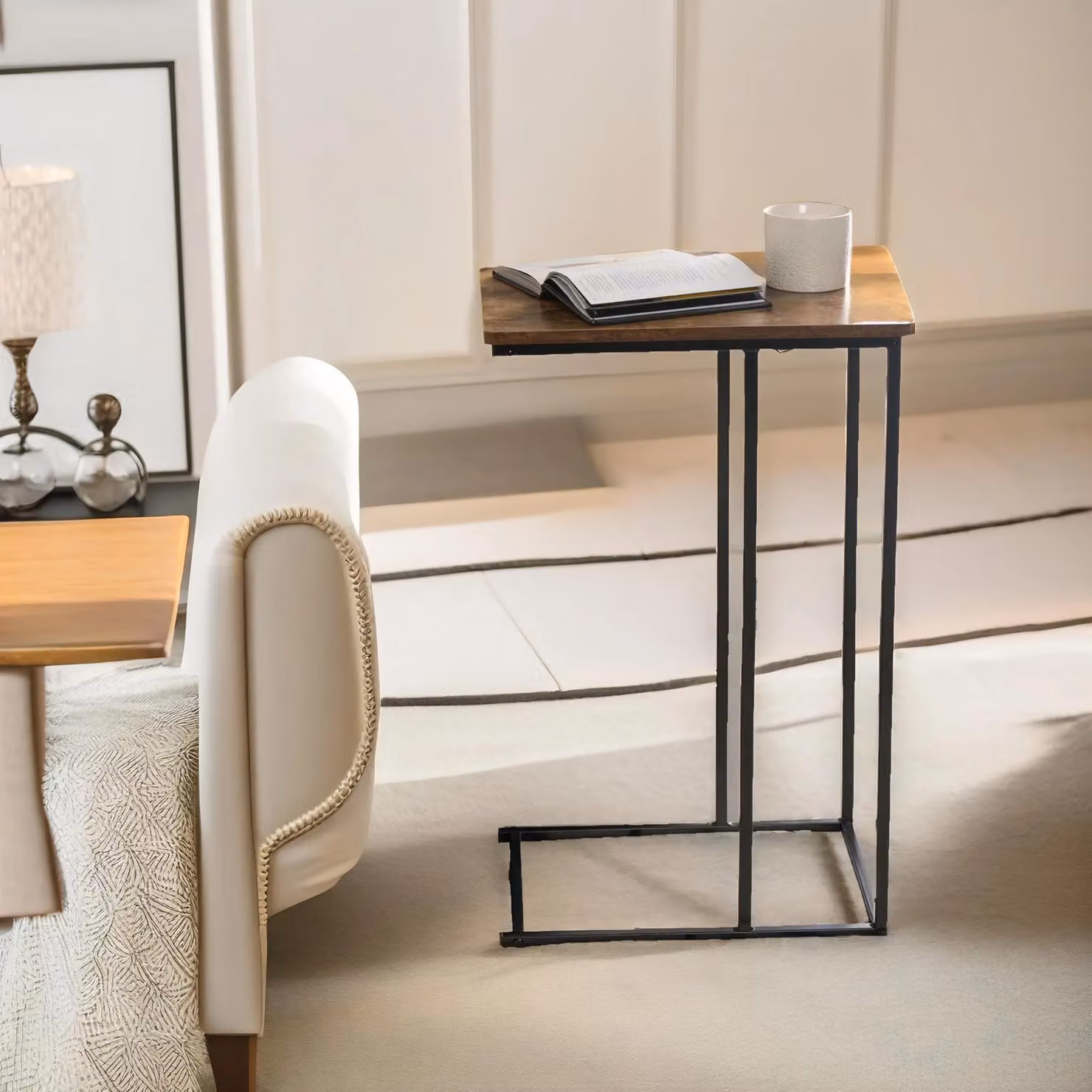 Pirlo Plush C Shaped Side Table in Brown Industrial Rustic Style, W/D/H: 63 x 30 x 40 cm – 2