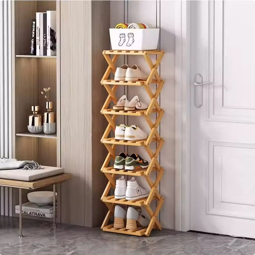 Ventryn 7 Tier Vertical Bamboo Corner Shoe Rack in Natural Brown – 3