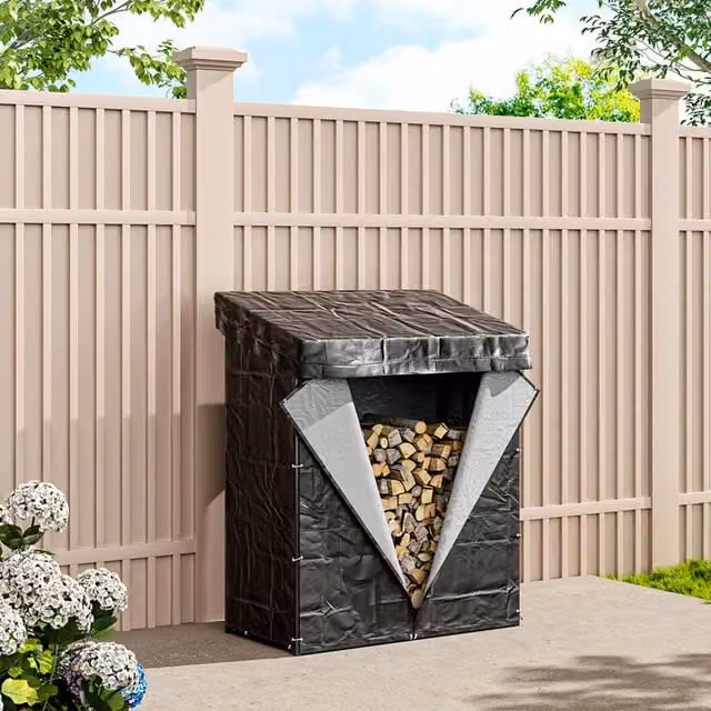 Livingandhome Metal Garden Firewood Rack Storage Shed, Black, W/D/H: 110 x 70 x 145 cm