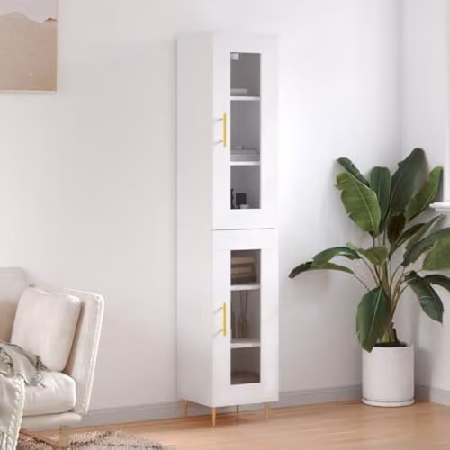 vidaXL Modern White Highboard with Glass Doors and Internal Shelves for Living Room, Bedroom or Home Office, W/D/H: 90.0 x 34.5 x 34.0 cm – 2