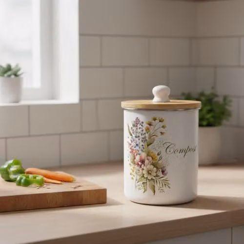 Purely Home Flower Bouquet Compost Caddy - Green and White Metal Kitchen Food Waste Bin with Removable Inner Bucket and Odour Filter, 2 L – 2